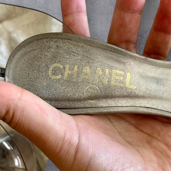 CHANEL Silver Leather Clear Strap Stud CC Plate Sandals - Picture 8 of 11